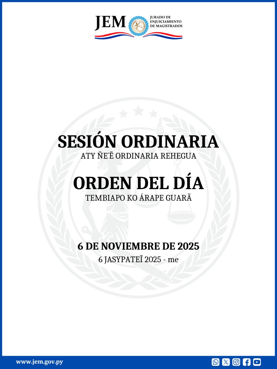 Orden del Día para la Sesión Ordinaria de fecha 6 de noviembre de 2025