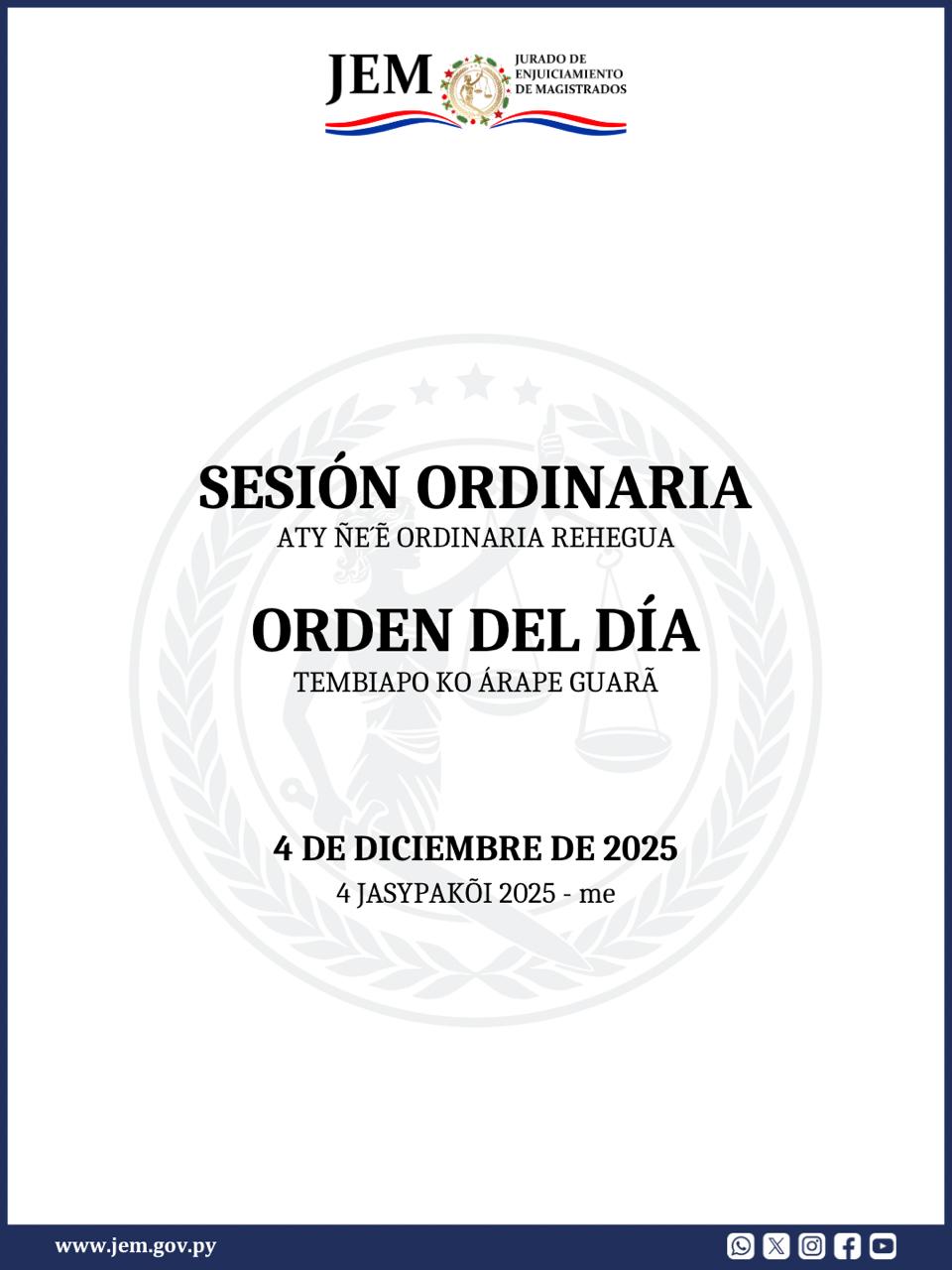 Orden del Día para la Sesión Ordinaria de fecha 4 de Diciembre de 2025