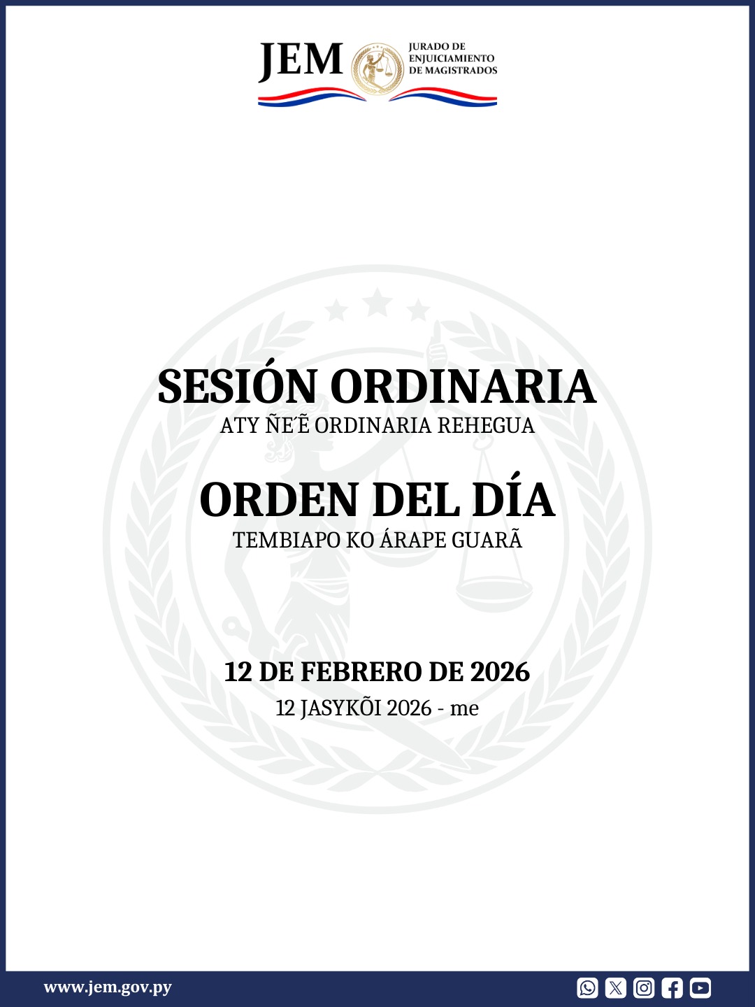 Orden del Día para la Sesión Ordinaria de fecha 12 de febrero de 2.026