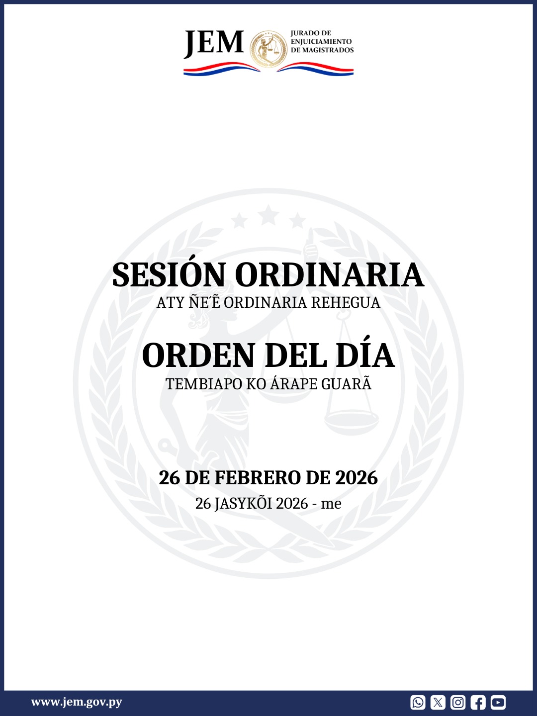 Orden del Día para la Sesión Ordinaria de fecha 26 de febrero de 2.026