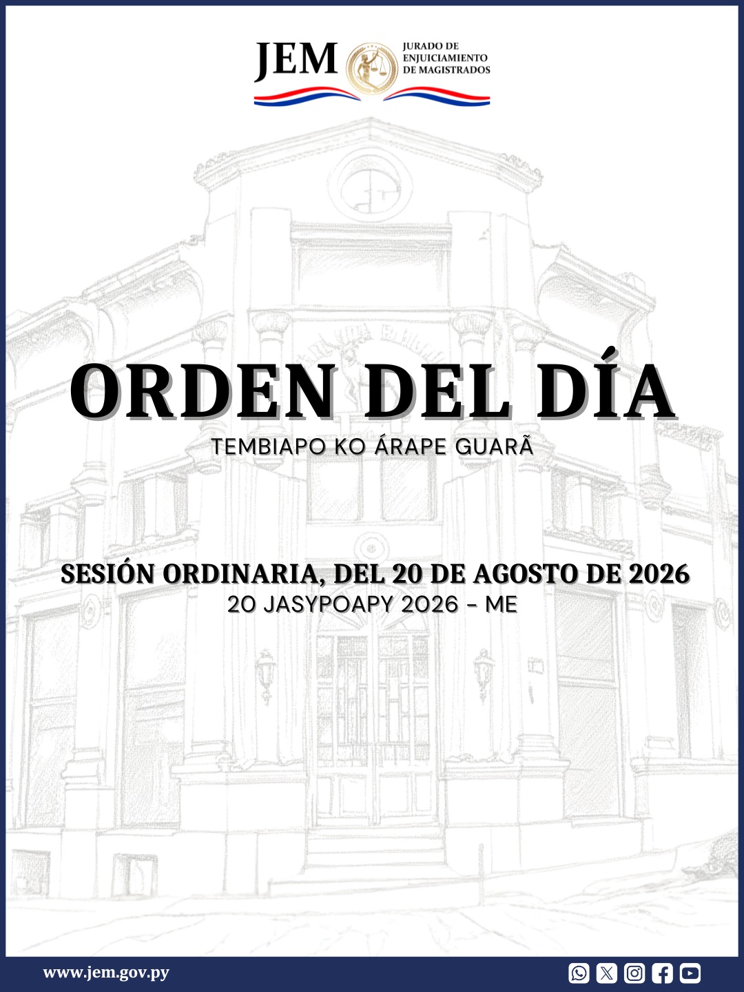 Orden del Día para la Sesión Ordinaria de fecha 20 de Agosto de 2026