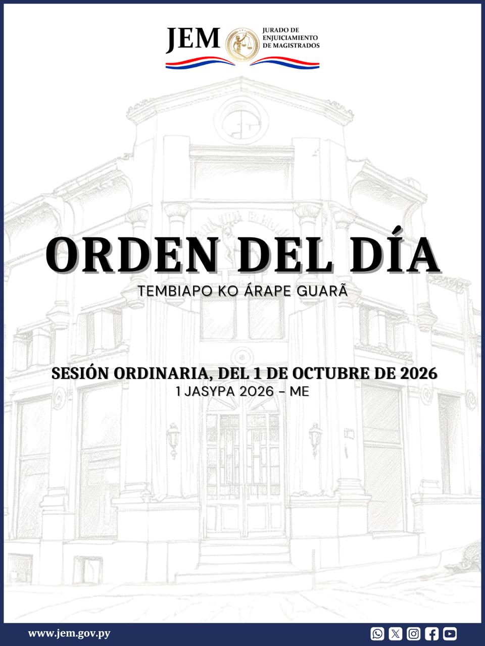 Orden del Día para la Sesión Ordinaria de fecha 1 de Octubre de 2026