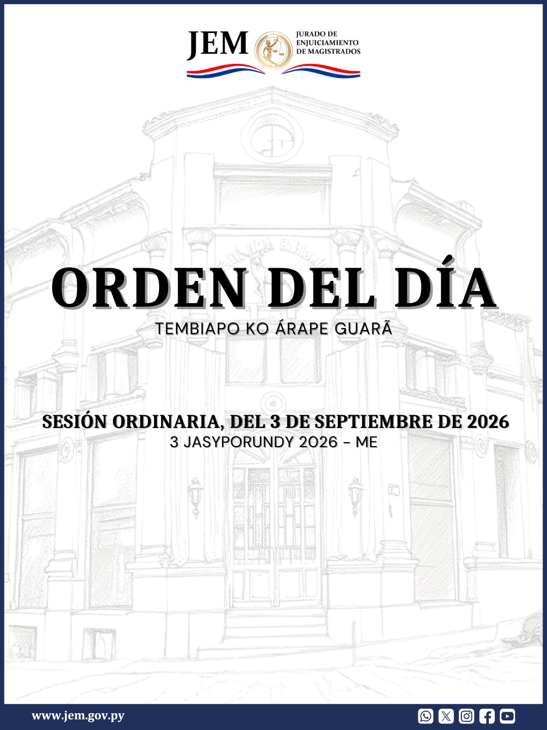 Orden del Día para la sesión Ordinaria de fecha 3 de septiembre de 2026